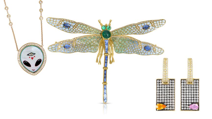 Jacquie Aiche Alien Heart Eye Inlay Necklace, Cicada Dragonfly Brooch, Harkness After the Rain Earrings 