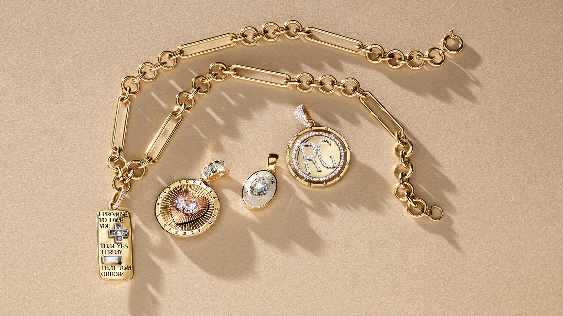 The “United in Love” collection reimagines commitment jewelry beyond engagement rings and wedding bands with pieces like the medallions seen here. Foundrae United in Love Campaign Imagery