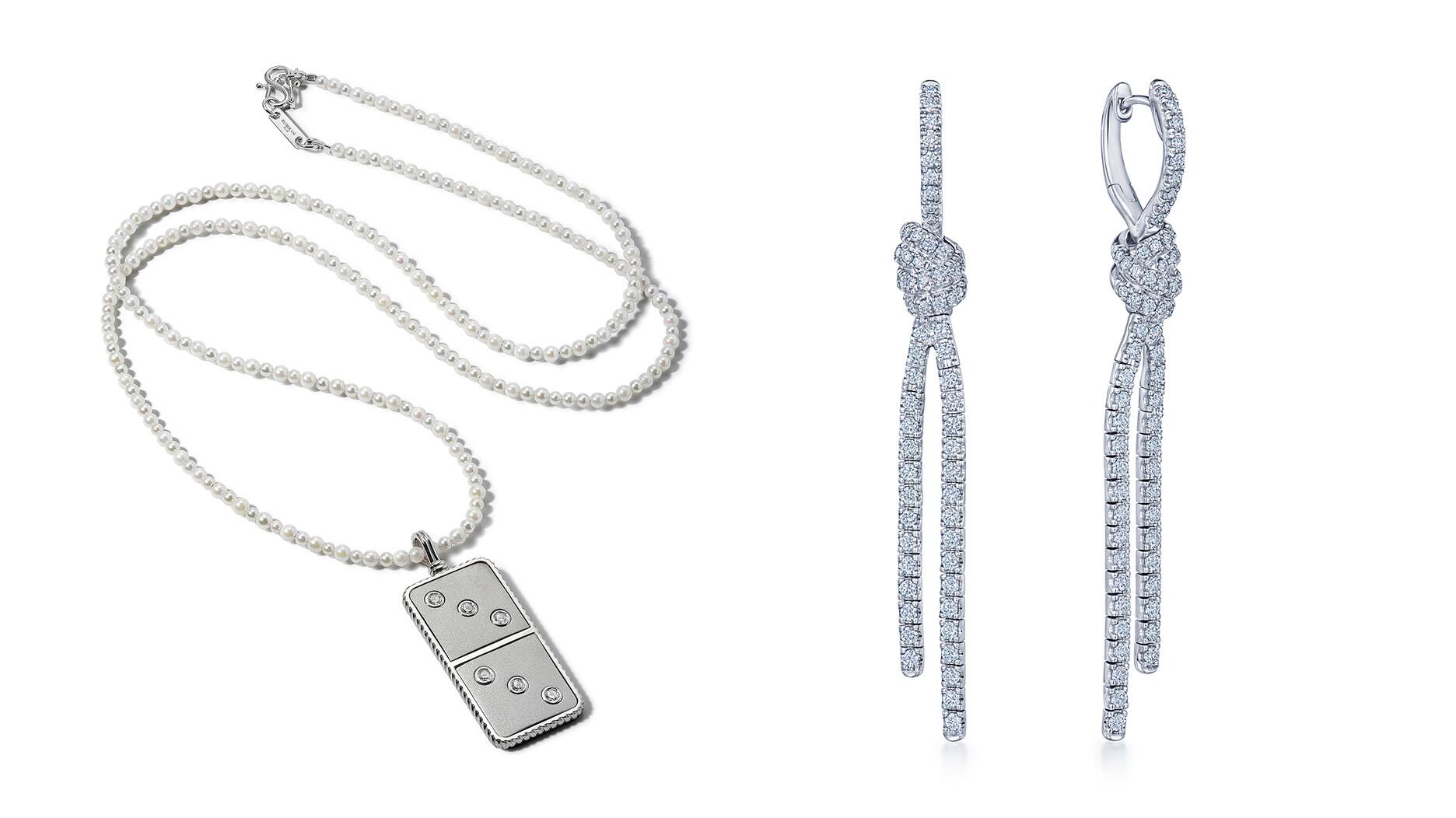Retrouvaí Classic Diamond Domino Necklace and Kwait Entwine Platinum and Diamond Drop Earrings