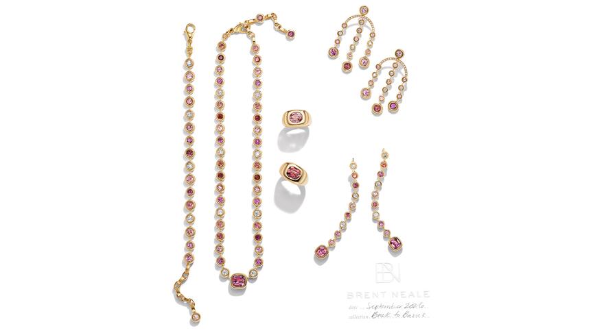 The “Back to Basics” collection’s one-of-a-kind designs are divided into four tonal suites. Seen here are the pink garnet pieces. All pieces are price upon request. Brent Neale Back to Basics Collection Pink Garnet Capsule