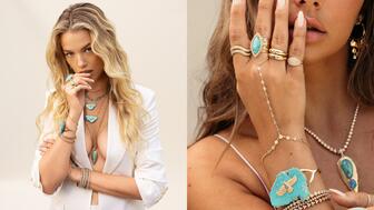 The brand’s latest “Thunderbird Slab” collection showcases one-of-a-kind gemstone slabs with 14-karat yellow gold and diamond thunderbird motifs. Jacquie Aiche Thunderbird Slab Collection Campaign