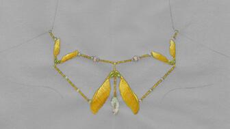 Catherine (Cathy) Aulick’s award-winning hand-rendered necklace design featuring gold, Ethiopian opal, and peridot. Catherine (Cathy) Aulick’s GIA Gianmaria Buccellati Foundation Award Winning Necklace Design