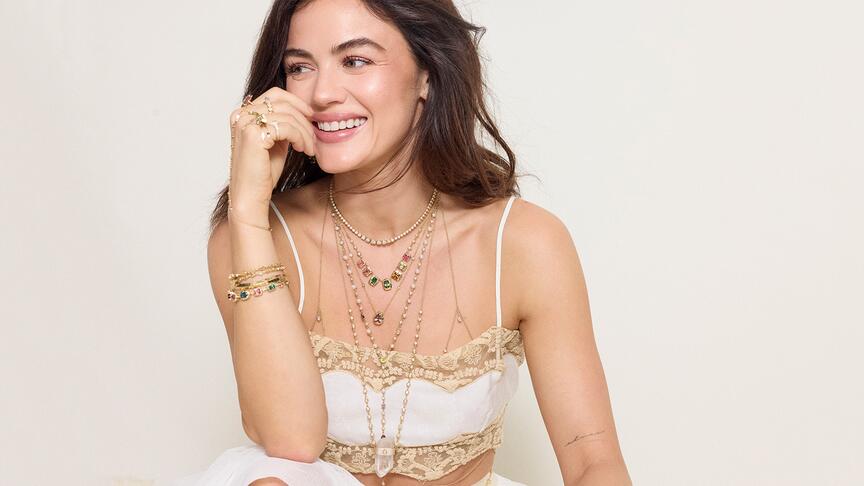 The holiday campaign showcases actress Lucy Hale layered in jewels from the curated “Love and Desire” collection. Lucy Hale in Jacquie Aiche’s Love and Desire Campaign