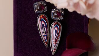 Arunashi Fordite and Rhodolite Earrings