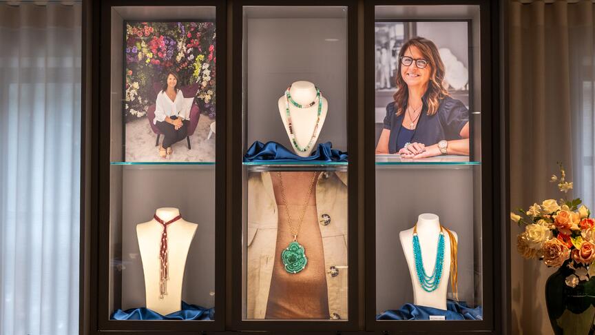 Applications for the Nina Pugliese Memorial Scholarship are open until June 30. Pictured is a display from Henne Jewelers’ exhibition of Pugliese’s jewelry designs held last week. Nina Pugliese