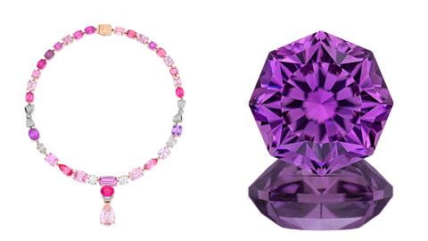 Mimi So’s 18-karat rose gold “Cotton Candy” necklace set with kunzite, spinels, and imperial topaz won the “Buyer’s Choice” award in the Spectrum division, while Ben Kho’s 35.25-carat pink-purple octagonal-cut kunzite took home the honor in the Cutting Edge division. AGTA Spectrum, Cutting Edge Buyers Choice winners 2025
