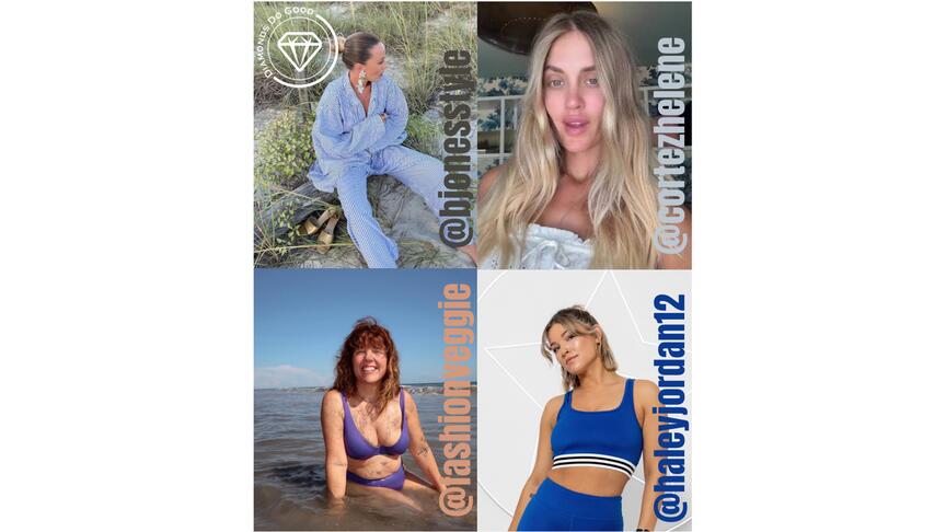 The “My Diamond Does Good” campaign includes (clockwise, from bottom left) Molly Stillman (@fashionveggie), Beth Jones (@bjonesstyle), Helene Cortez (@cortezhelene), and Haley Jordan (@haleyjordan12). Molly Stillman @fashionveggie, Beth Jones @bjonesstyle, Helene Cortez @cortezhelene, and Haley Jordan @haleyjordan12