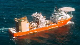 A stock image of the mv SS Nujoma, a marine mining vessel De Beers launched in 2017 to explore and sample diamonds off the coast of Namibia. The company announced today that it is retiring one marine mining vessel, the Coral Sea, and is looking to sell or decommission another, the Grand Banks. (© De Beers Group/Photo credit: Ben Perry @ Armoury Films) De Beers marine mining vessel the SS Nujoma