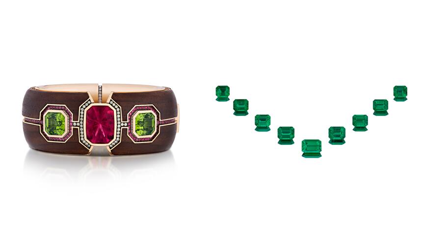 The 18-karat yellow gold, platinum, and cocobolo wood “Elements” bracelet set with a 14.16-carat pink tourmaline and featuring peridot, spinel, and demantoid garnet accents won Best of Show honors in the Spectrum division, while a suite of no-oil Colombian emeralds totaling 12.91 carats took Best of Show honors in the Cutting Edge division. AGTA Spectrum winners