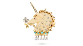 This whimsical Verdura unicorn brooch belonged to the late Virginia Fortune Ryan Ogilvy, dowager countess of Airlie and the lady of the bedchamber to Queen Elizabeth II. Verdura unicorn brooch