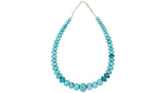 This Jacquie Aiche graduated turquoise beaded necklace in 14-karat yellow gold ($3,430) is one of 18 pieces in the latest Amanda’s Style File featuring jewelry with graduating gemstones. Jacquie Aiche graduated turquoise beaded necklace