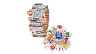 This “Gioco di Forme e Colori” timepiece, part of LVMH-owned Bulgari’s “Polychroma” high jewelry collection, comes with a watch cover that detaches to be worn as a brooch. Both Bulgari and Tiffany & Co. found success with their high jewelry collections in 2025 despite an otherwise challenging fiscal year for LVMH. Bulgari Gioco di Forme e Colori watch and brooch