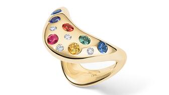 This 14-karat yellow gold “Zaha” ring by Zahn-Z ($7,200), showcasing sapphires in several colors, is one of the 20 selects in this Style File dedicated to September’s birthstone. Zahn Z Zaha rainbow sapphire ring