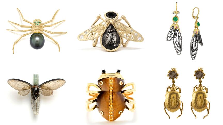 This Halloween, Senior Editor Lenore Fedow curated a selection of bug jewelry and delved into the symbolism behind the insects that have been immortalized in jewelry.  Collage of bug jewelry