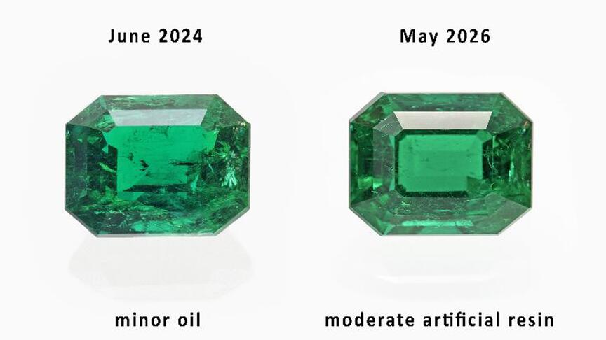 Pictured is the same emerald—at left, in 2024, and at right, in 2026—photographed after testing by SSEF. The lab said in the time between the photos, the stone “clearly” had been cleaned and refilled with artificial resin. (Photo courtesy of SSEF) SSEF emerald with filler
