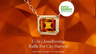 The charitable raffle will run until 10 a.m. EST on Nov. 11. Tickets are priced at $20 each or $100 for six for a chance to win the “Creamsicle” necklace from Greenwich St. Jewelers and Jewel Boxing’s sold-out collaboration. G. St x Jewel Boxing Raffle for City Harvest Graphic