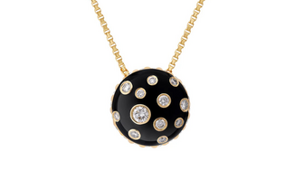 One of the 14 Amanda’s Style File selects featuring the polka dot trend is State Property’s “Toadstool” pendant in 18-karat yellow gold with jet black enamel and diamonds ($4,980). State Property Toadstool Pendant