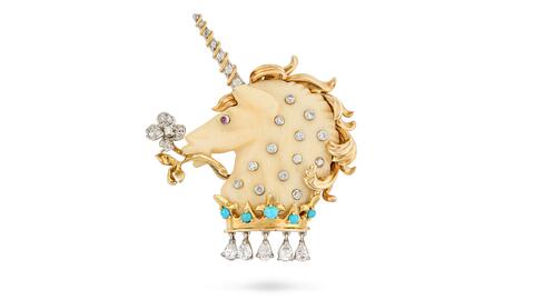 This whimsical Verdura unicorn brooch belonged to the late Virginia Fortune Ryan Ogilvy, dowager countess of Airlie and the lady of the bedchamber to Queen Elizabeth II. Verdura unicorn brooch