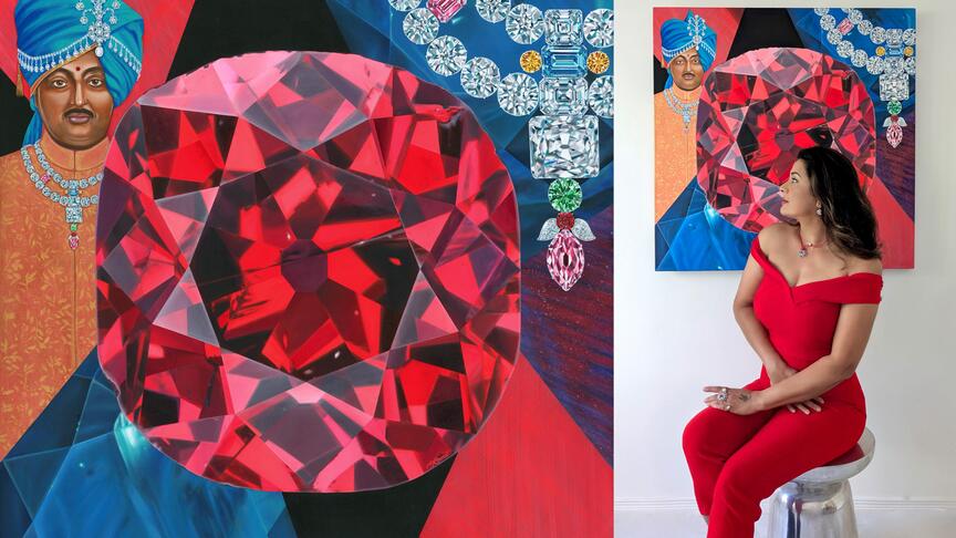 Visual artist Reena Ahluwalia with her painting, “The Legacy of the Winston Red Diamond,” which is now held in the permanent collection of the Smithsonian National Museum of Natural History in Washington, D.C. (Image courtesy of Reena Ahluwalia) Winston Red Diamond painting by Reena Ahluwalia