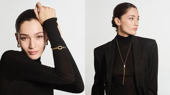 The campaign showcases pieces using Fope’s “Flex’it” system like the bracelet seen left from the “Eka” collection as well as its “Novecento” mesh design featured in pieces like the slider necklace seen right from the “Aria” collection. Fope Golden Now Campaign Imagery