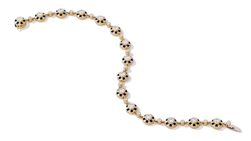 A highlight of State Property’s “Lorenz” capsule, the newest addition to “The Voyager” collection, is this station bracelet featuring 0.93 carats of diamonds accented by jet black enamel in 18-karat yellow gold ($8,105). State Property Lorenz Station Bracelet