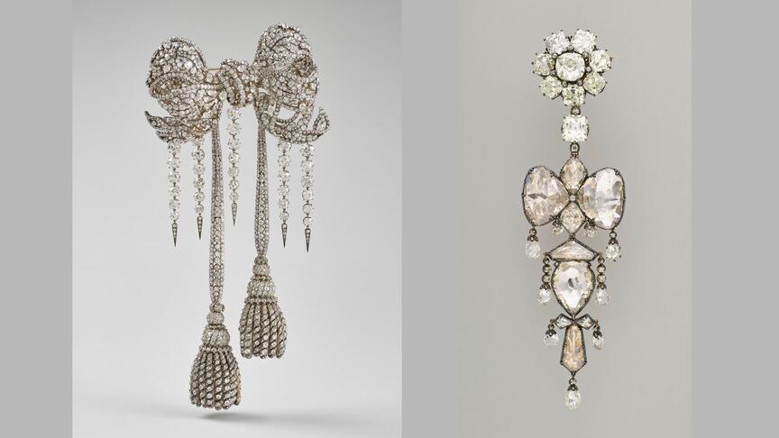 These two diamond brooches belonging to Empress Eugénie were among the eight crown jewels stolen from Paris’ Louvre Museum earlier this week. Footage has emerged of the two individuals who carried out the heist fleeing from the museum on scooters. (Photo courtesy of Musée du Louvre, Photo credit: Stéphane Maréchalle) Two brooches stolen in the October 2025 heist at the Louvre Museum in Paris