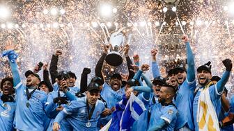 New York City FC winning the Philip F. Anschutz MLS Cup Trophy in 2021