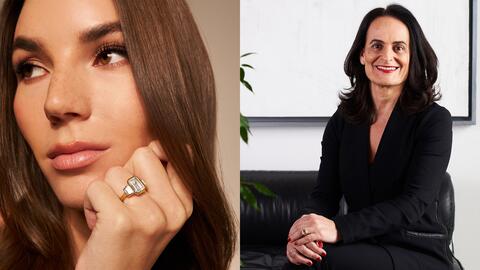 Seen right is Sylvie Jewelry co-founder and designer Sylvie Levine, wearing her engagement ring that inspired the designs in the “Encore” collection. Sylvie Levine wearing engagement ring
