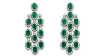 A pair of Anna Zuckerman Luxury platinum-plated sterling silver chandelier earrings featuring green and white diamond crystallines ($299). The brand is a new addition to the Continental Buying Group. 20201217_Anna_Zuckerman_chandelier_earrings.jpg