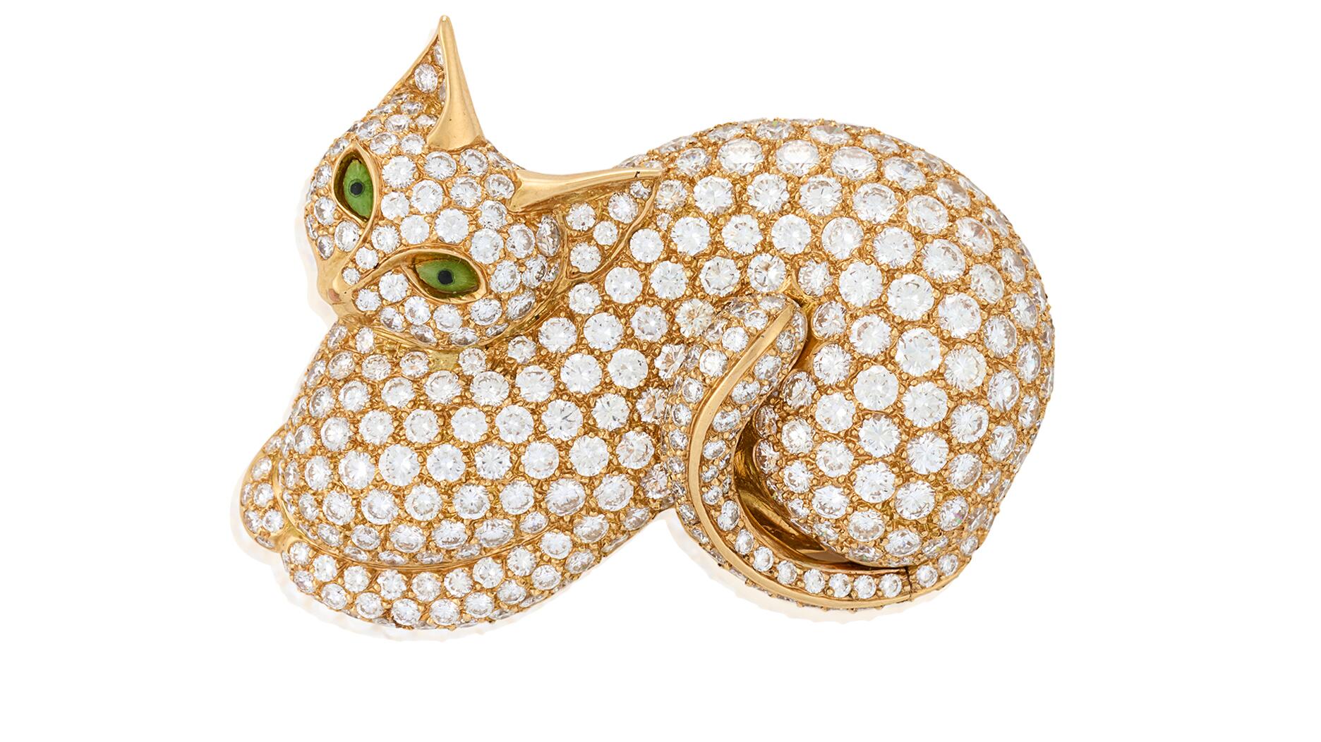 Tech entrepreneur, philanthropist, and farmer Sandy Lerner was a cat person. Her unrivaled collection of cat artwork, objects, and jewelry will be up for sale later this month at Bonhams. Among them is this 18-karat gold and diamond cat brooch made in France (pre-sale estimate $5,000 to $7,000). (Photo courtesy of Bonhams) Sandy Lerner’s 18-karat gold and diamond cat brooch