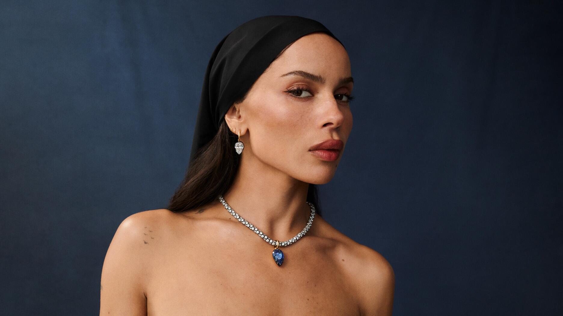 Zoë Kravitz Wearing Jessica McCormack Tempest Sapphire Pendant and Tempest Diamond Necklace