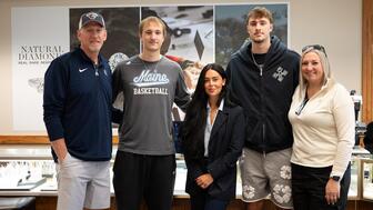 Day’s Jewelers created custom jewelry for NBA player Cooper Flagg’s family. From left are Ralph Flagg, Ace Flagg, Nikia Levesque-Meyer, vice president of marketing at Day’s Jewelers, Cooper Flagg, and Kelly Flagg. Cooper Flagg family at Day’s Jewelers
