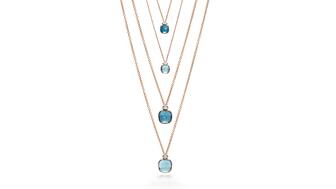 A selection of London blue topaz and sky blue topaz necklaces from Kering-owned Pomellato’s “Nudo” collection. Parent company Kering saw a drop in sales in Q1, though its jewelry brands were resilient. Pomellato Nudo blue topaz necklaces