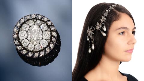 At left, the diamond brooch Napoleon left behind while fleeing Waterloo and at right, the natural pearl and diamond hair ornament. They are part of Sotheby’s “Royal & Noble Jewels” auction, scheduled for Nov. 12 in Geneva. (Photos courtesy of Sotheby’s) Napoleon’s diamond brooch and a pearl and diamond hair ornament