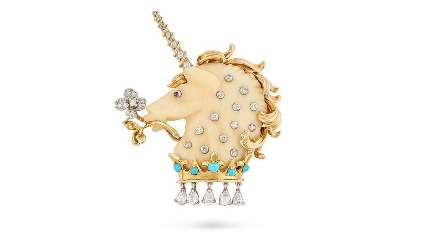 This whimsical Verdura unicorn brooch belonged to the late Virginia Fortune Ryan Ogilvy, dowager countess of Airlie and the lady of the bedchamber to Queen Elizabeth II. Verdura unicorn brooch